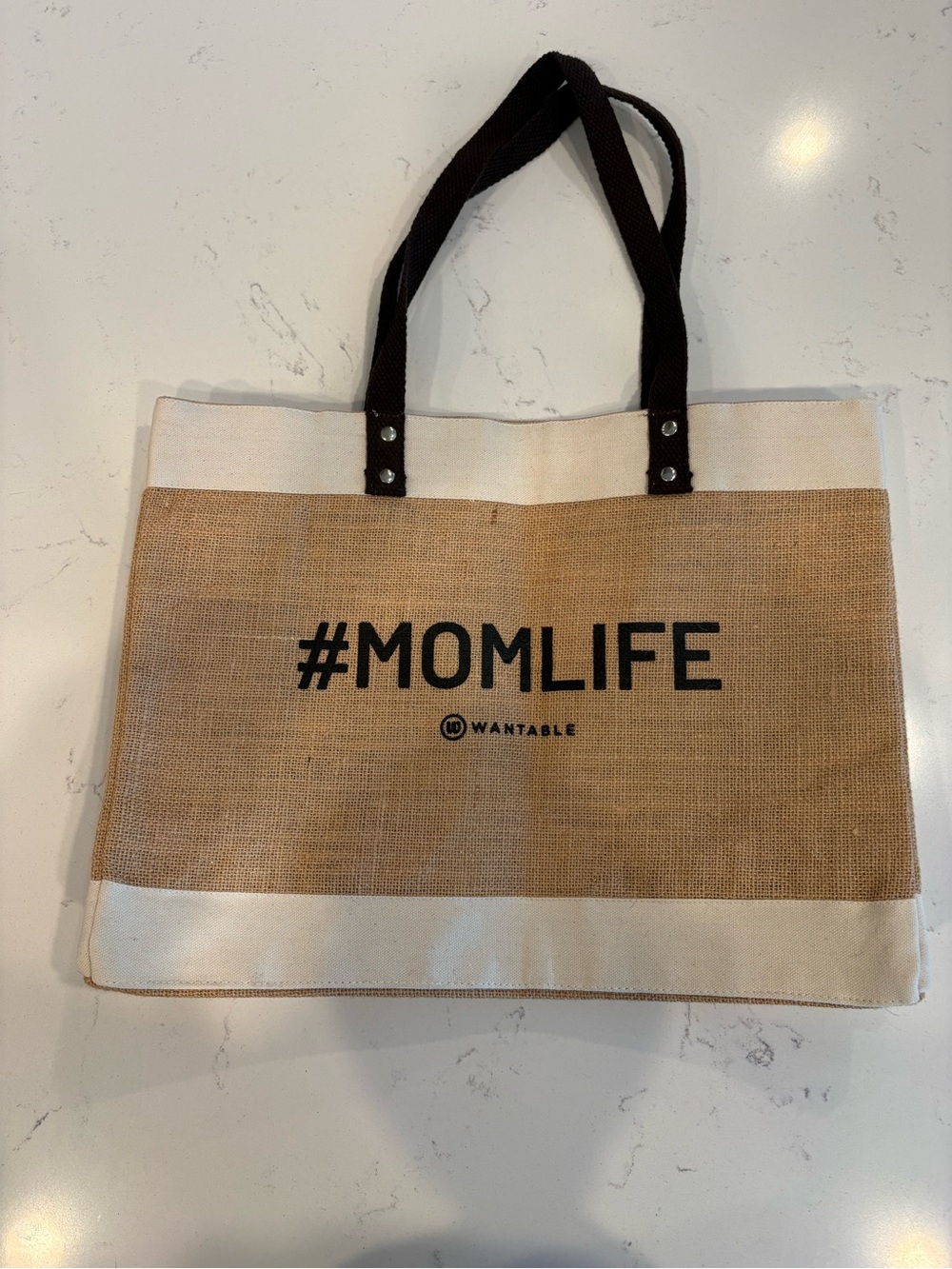 Large #MOMLIFE Wantable Jute Tote Bag in Natural/Cream